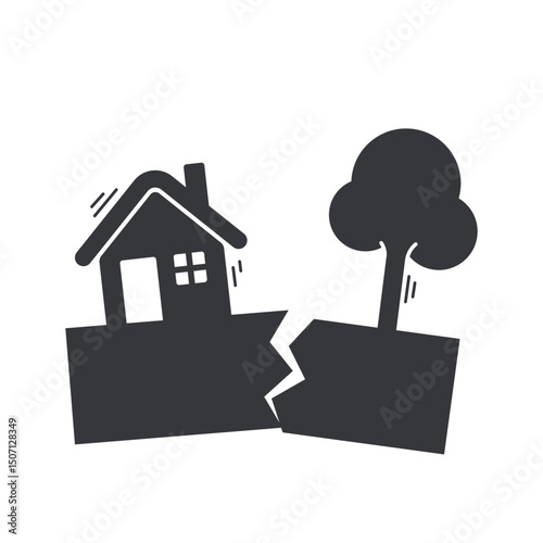 Isolated pictogram icon of an earthquake with illustrations of a house, tree, and cracked ground, symbolizing natural disaster