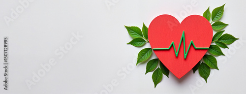Red heart with green ECG pulse and leaves on white, symbol of sustainable heart health