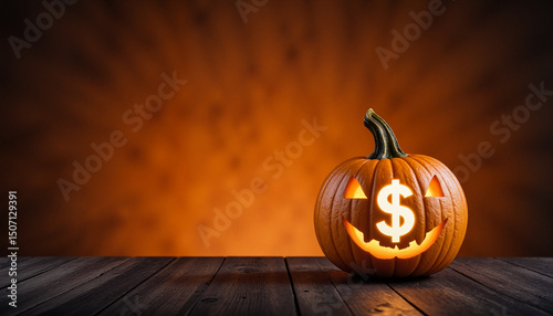Jack-o’-lantern with glowing dollar sign on wooden table, Halloween money theme