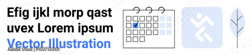 Calendar with marked date, task completion icon, and leaf symbolizing organization, productivity, eco-friendliness. Ideal for time management, deadlines, efficiency, progress goals sustainability