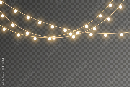 Christmas lights isolated on transparent background for cards, banners, posters, web design. Set of golden xmas glowing garland Led neon lamp Vector illustration