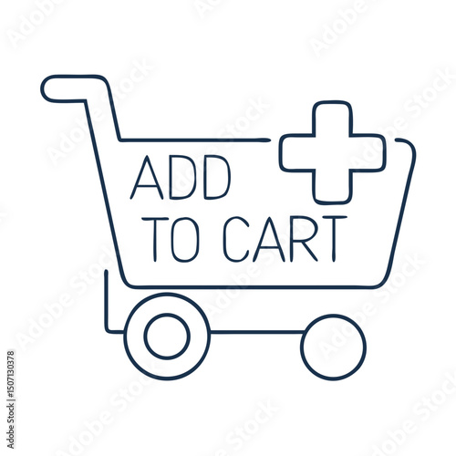 Simple add to cart icon with medical cross. Shopping cart illustration with add to cart text and plus symbol inside.  Ecommerce icon perfect for online store, medical supplies website,