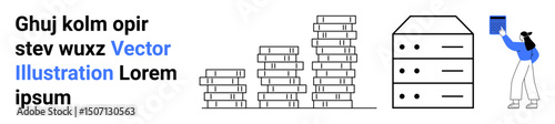 Person placing file on server rack beside stacked books and server equipment. Ideal for education, data storage, technology, organization, knowledge, computing, simple landing page