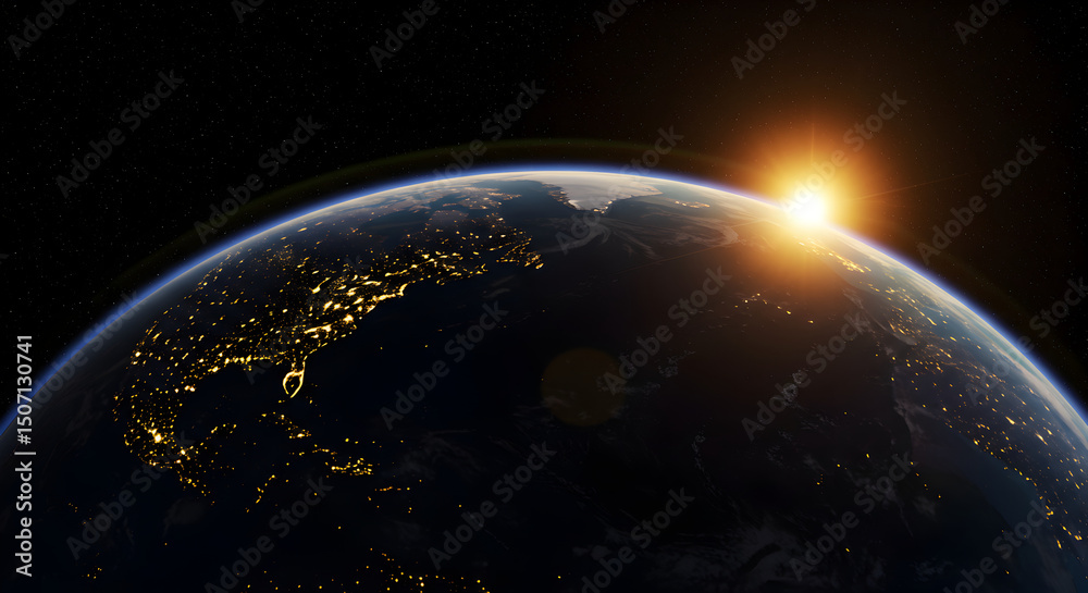 Obraz premium A stunning view of earth from space during sunrise with city lights visible