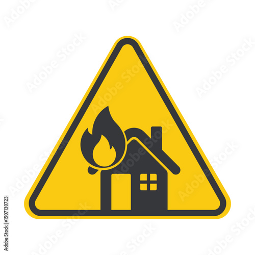 Isolated caution sign of building in fire, disaster symbol and safety awareness icon.