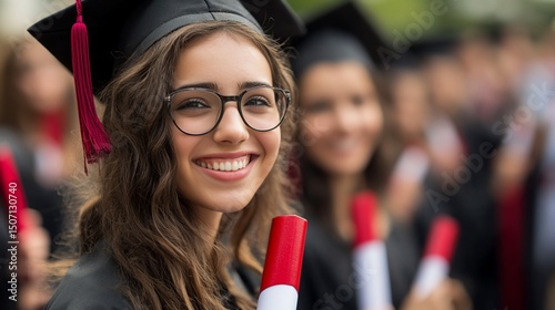 Smiling graduate celebrating achievement with classmates on graduation day