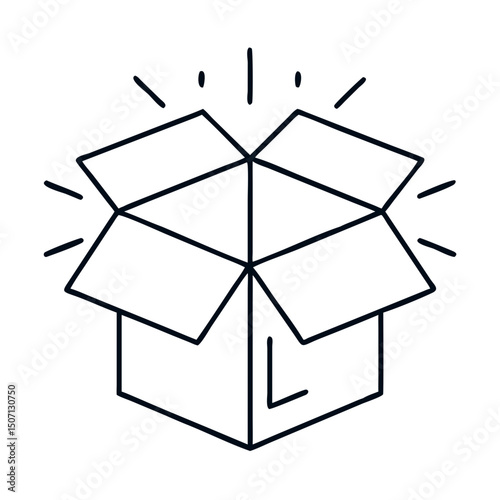Open package icon, simple box illustration with opened flaps and shining rays. This open package graphic is perfect for website design, app interface, or marketing materials,