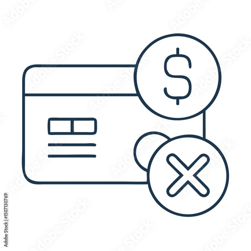 Credit card payment declined icon. Rejected transaction symbol with crossed dollar sign and credit card. This simple design is perfect for website interface, mobile app, or financial report.