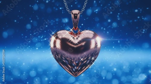 Gold heart pendant with blue bokeh twinkling background, negative space for romantic and valentine decoration design background