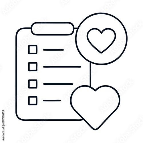 Wishlist clipboard with checkboxes and hearts.  Detailed checklist icon includes heart symbols and lines for notes.  This simple wishlist graphic is perfect for app design and website interfaces.