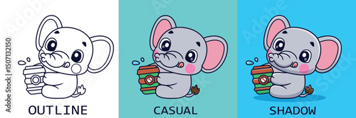 Cute Cartoon Elephant Drinking Coffee Coloring Sheet, Illustration Icon Logo Vector, Cartoon Style Flat