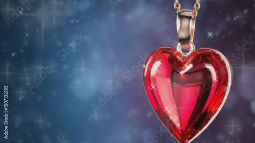 red heart pendant with blue bokeh twinkling background, negative space for romantic and valentine decoration design background 