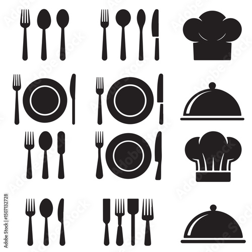 Restaurant Menu Icons Cutlery, Plates, Chef Hats, and Food Domes, Fork, spoon, knife, plate, chef hat, and cloche or tray icons