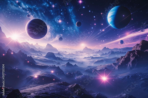 Surreal cosmic landscape with floating planets and vibrant galaxies
