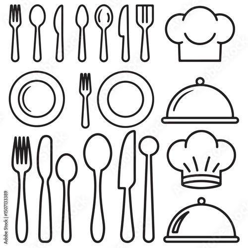 Restaurant Menu Icons Cutlery, Plates, Chef Hats, and Food Domes, Fork, spoon, knife, plate, chef hat, and cloche or tray icons