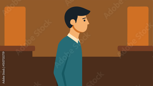 Defendant in the Dock A side view of a defendant standing in the dock looking down with a worried expression dressed in casual clothes.