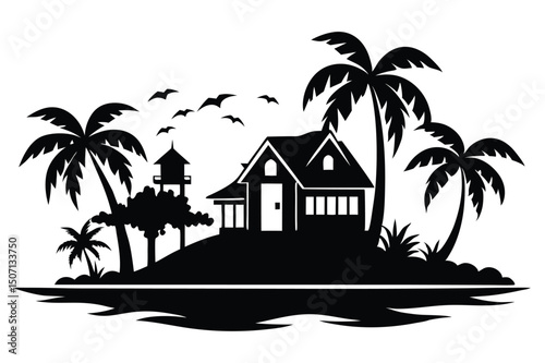 Tropical Island Home Silhouette with Palm Trees and Birds in the Sky