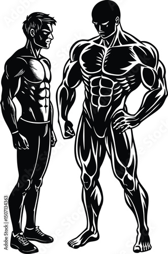 A young man standing face-to-face with a massively muscular bodybuilder symbolizes transformation, strength, and fitness aspirations. Vector illustration in PNG format. Black and white artwork.