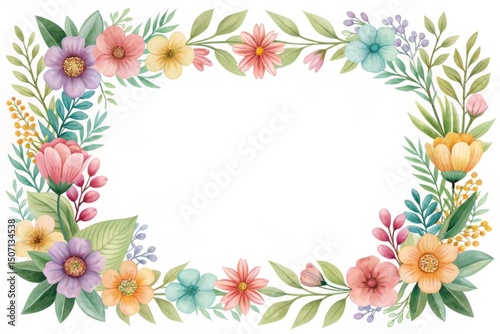 Botanical watercolor frame with assorted floral elements Floral border design featuring various colorful flowers and leaves.