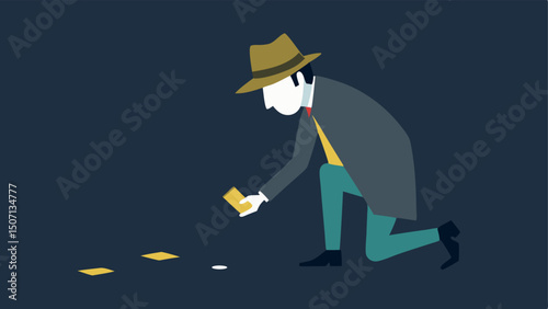 Chalk Outline and Clue The detective examines a chalk outline on the ground while holding a small evidence bag containing a crucial clue pondering its significance.
