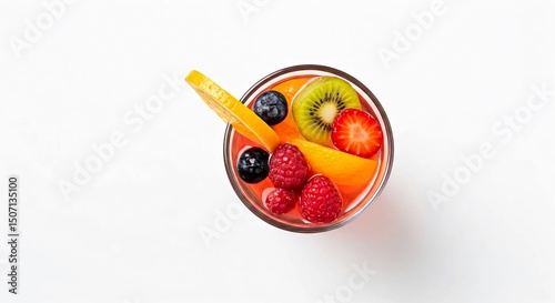  Fresh fruit cocktail image of pure white background top view.