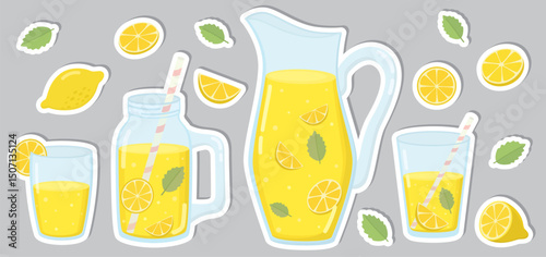 Stickers with lemonade drink, glass, jar, mint leaf, pitcher and lemon slices. Illustration with whole, cut in half, slice citrus and beverage
