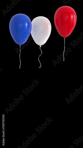 3 ballons bleu, blanc et rouge s'envolent lentement - rendu 3D avec canal alpha séparé