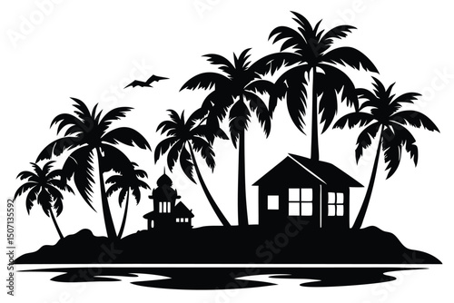 Black Silhouette of Tropical Island Featuring Palm Trees, House, Temple and Birds