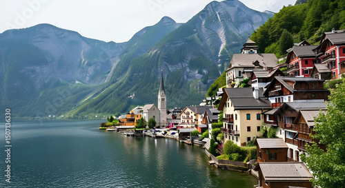 Colorful houses cascade down a mountain beside a tranquil lake, creating a picturesque town nestled in nature, Generative AI.