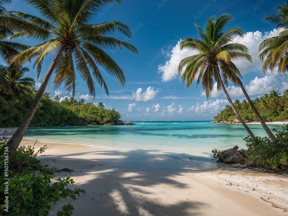 Obraz premium Empty tropical beach with turquoise water, white sand and palm trees