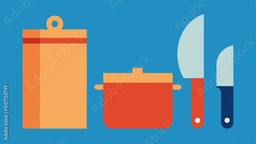Essential Kitchen Tools A depiction of three essential kitchen tools like a knife a ting board and a pot arranged neatly highlighting the importance of quality and functionality in