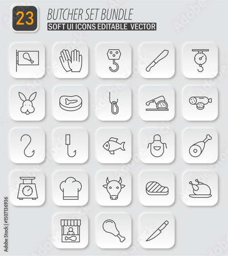 Butcher Shop Essential Icon Collection: Editable Vector Set for Culinary and Meat-Related Designs, Professional Quality