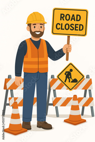 Construction worker holding road closed warning sign in safety zone with barriers, traffic cones, hard hat. Builder maintenance crew work site safety protection concept vector illustration