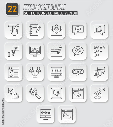 Collection of feedback icons set with editable vector and soft ui elements representing various opinions, and communication