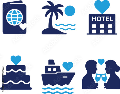 Wedding icon set collection. passport, cruise, hotel, couple love, island, love story, heart, ceremony, cake etc. And solid icon set.