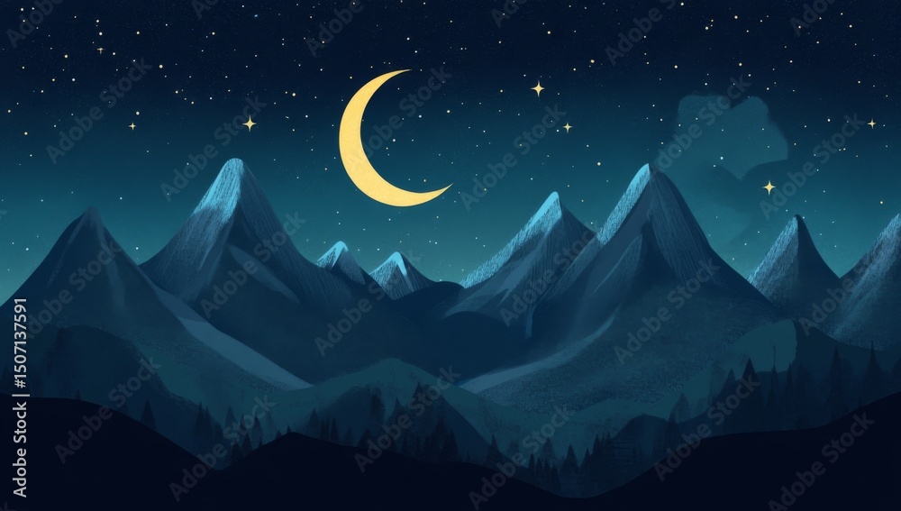 Fototapeta premium A serene night sky with stars and a crescent moon over mountains, symbolizing Ramadan