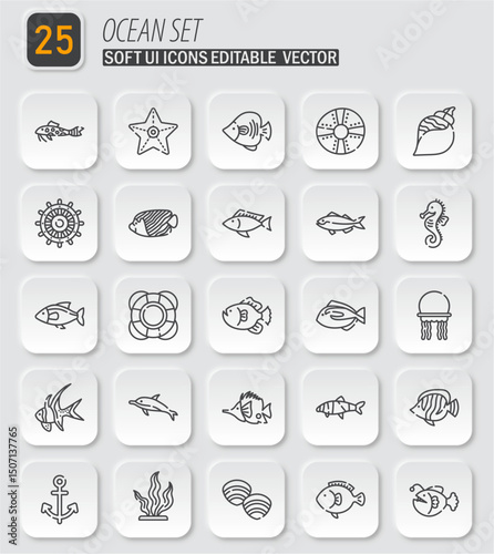 Ocean-themed soft UI icon set for marine life and seaside elements design resources