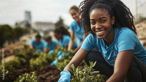 Cheerful Young Black Woman Planting Shrub In Urban Community Garden