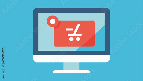 Digital Shopping Cart Icon A closeup of a computer screen with a popup featuring a shopping cart icon emphasizing a special discount percentage for a flash sale on electronics.