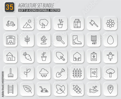 Agriculture icons bundle, soft ui style vector set representing farming, gardening, and rural life elements with modern design