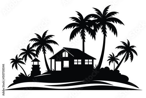 Silhouette Illustration of Tropical Island with House, Lighthouse and Palm Trees Artwork