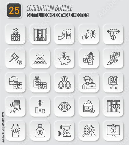Corruption Bundle: Soft UI Icons Editable Vector for Anti-Corruption Themes, Editable Pack