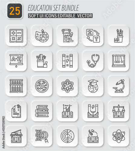 A comprehensive education icon set featuring 25 unique designs for various learning subjects
