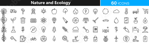 Minimalist Nature and Ecology lineal 60 icon set. nature, ecology, minimalist, icons, lineal, green, eco, environment, sustainable, earth, forest, tree, leaf, recycle, wildlife, climate, energy, more