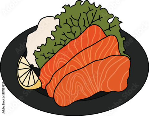 Vector illustration of a beautifully plated salmon sashimi dish. The image features three slices of fresh orange salmon with visible white marbling, garnished with leafy greens and a slice of lemon