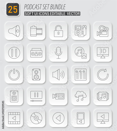 Podcast and multimedia application icons set with editable vector design options for digital projects and ui design