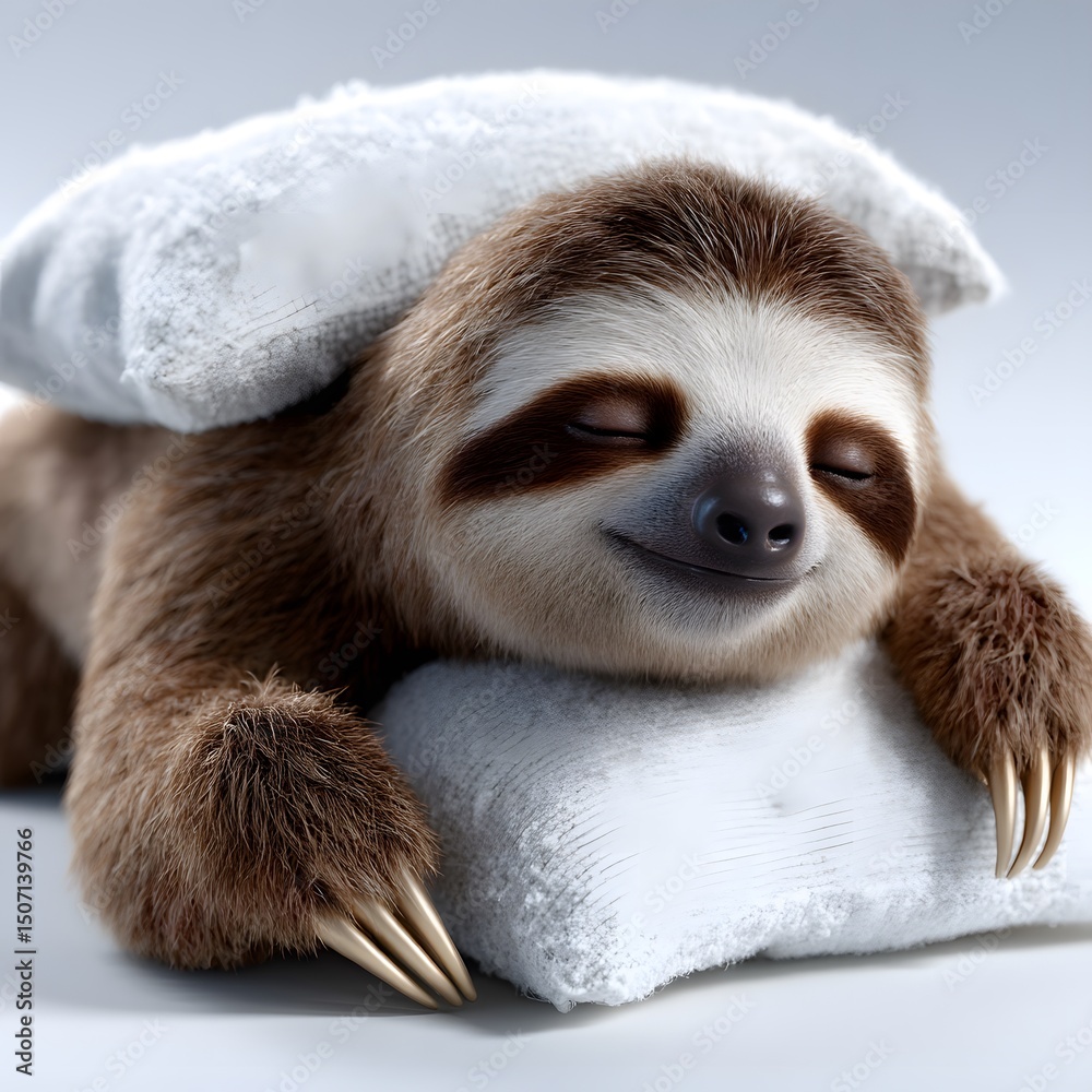 Fototapeta premium Sleepy sloth resting on white pillow