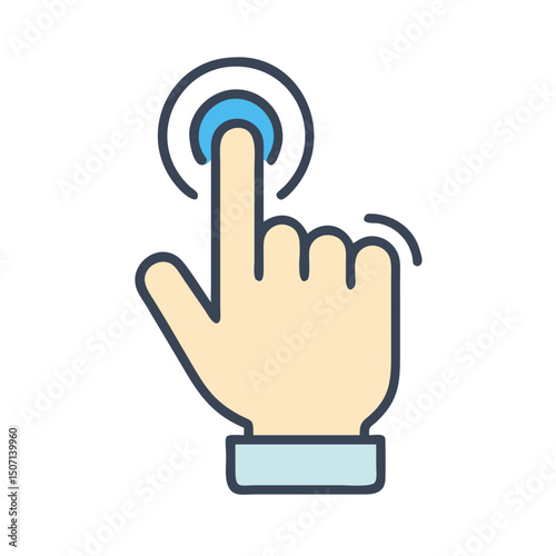 A human hand with a cursor clicks on a touch screen interface, a digital concept