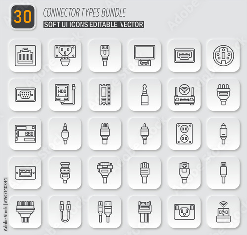 Comprehensive Collection of 30 Connector Type Icons for Various Devices and Applications