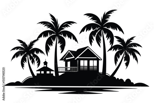 Silhouette of Tropical Island with Palm Trees, Bungalow, and Beach Hut View